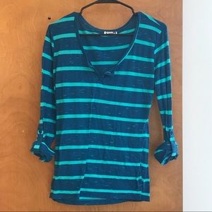 Three quarter sleeve blue and teal stripped shirt
